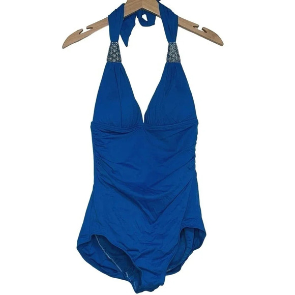 Coco contours 34C turquoise blue‎ jeweled halter neck ruched bra-size swimsuit - Picture 2 of 7